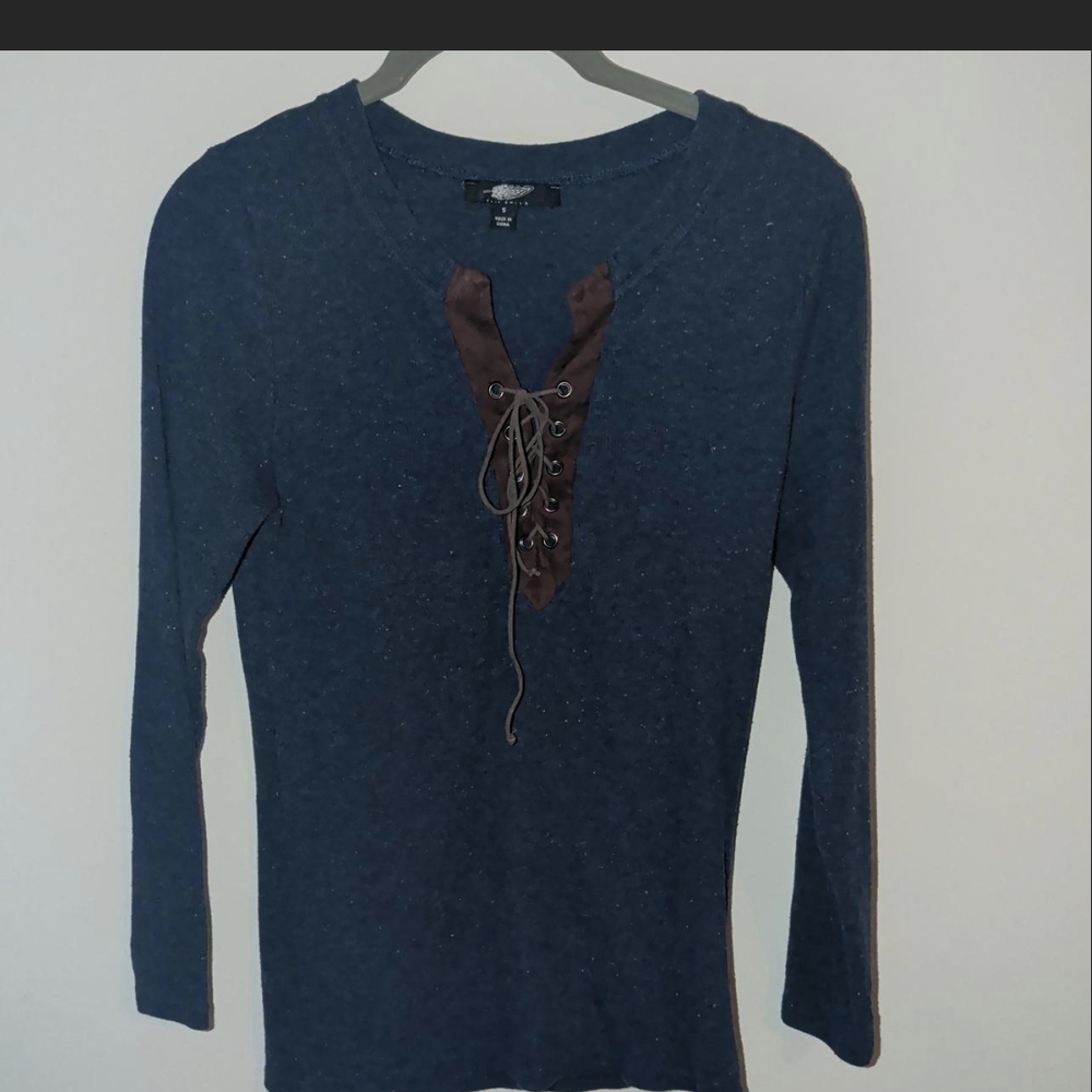Elegant Lace-Up V-Neck Long Sleeve Top - Navy